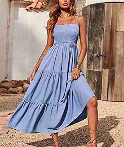 Image of Sexyshine Women's Square Neck Halter Lace Up Criss Cross Maxi Dress Tie Back Sleeveless Smocked Ruched A Line Dress
