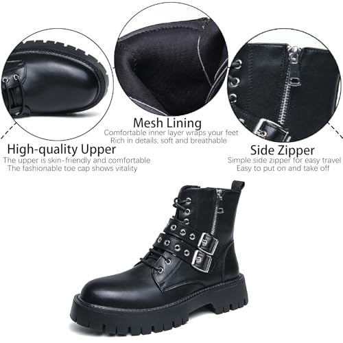 Men's Leather Platform Chukka Boots with Side Zipper Fashion Buckle Straps Non-slip Lug Sole Block Heel Lace Up Combat Booties Punk Biker Motorcycle Short Boots2