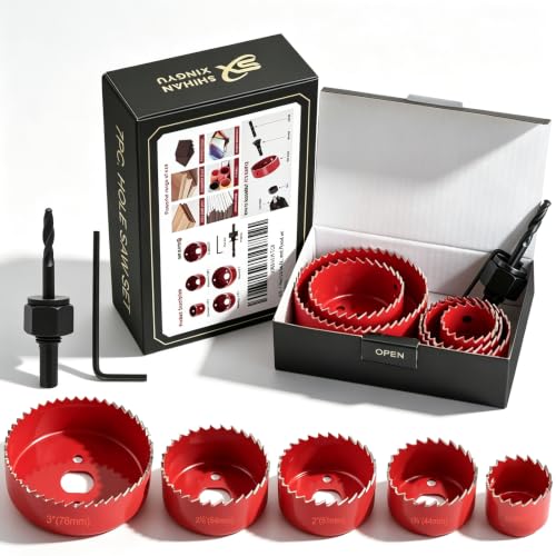 Image of 7-Piece Hole Saw Kit with Mandrel for Softwood and PVC | Carbon steel hole saw kit for softwood, plywood, PVC and drywall; includes five sizes, mandrel and hex key; not for metal