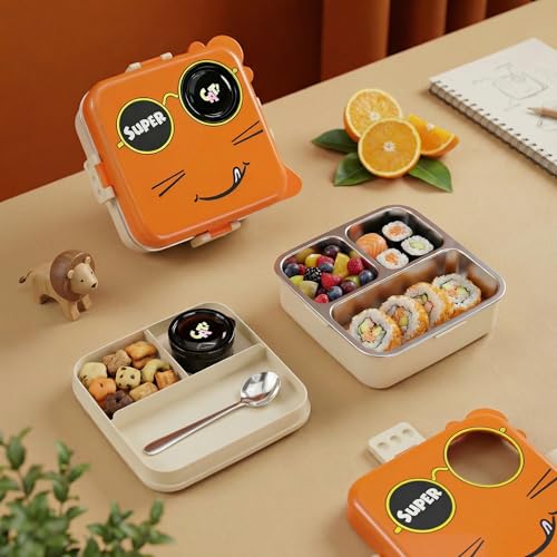 Image of 3 Compartment Lunch Box for Kids Boys Girls, Cartoon Cat Tiffin, Leakproof Stainless Steel Bento Box, 2 Layer Meal Box with Spoon & Snack Container, 1120ml + 70ml (Orange, Super Cat)