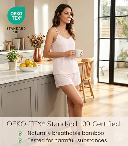 Image of NACHILA Women's Pajamas Set-Viscose Made from Bamboo, Cami Top Pajama Set Sleeveless Tops with Shorts Pjs Sets Cool Sleepwear