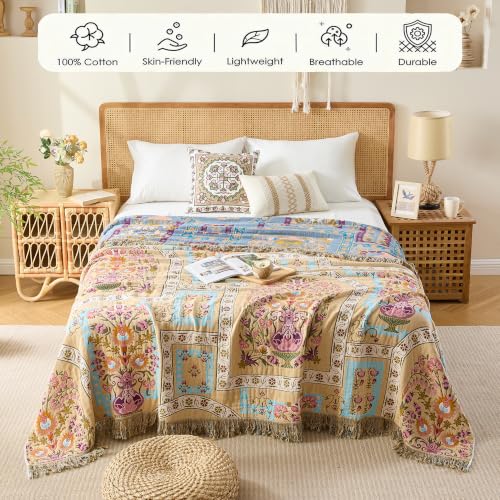 Image of VANJOROY Boho Throw Blanket, 100% Organic Cotton Breathable Skin-Friendly Ultra Soft 60 inch x 80 inch Bed Quilt Throw - Floral Rustic Luxury Reversible Blanket for Sofa Couch Chair and Gift,