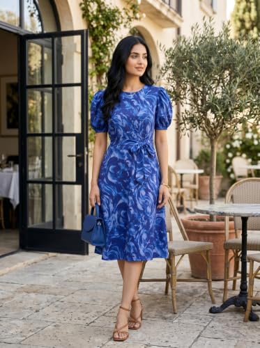Image of HELLCAT Women Floral Fit & Flare Midi Dress | Round Neck, Puff Short Sleeve, Waist Tie-Up Belt | Casual Brunch Wear, Western One Piece, A-Line Long Frock, Summer Party Outfit