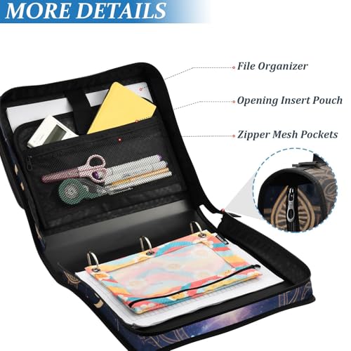 Image of 3 Ring Zipper Binder with Shoulder Strap Astrology Sun Time 1.5 inch Binders Keeper Large Capacity Multi Pockets for School Office Supplies