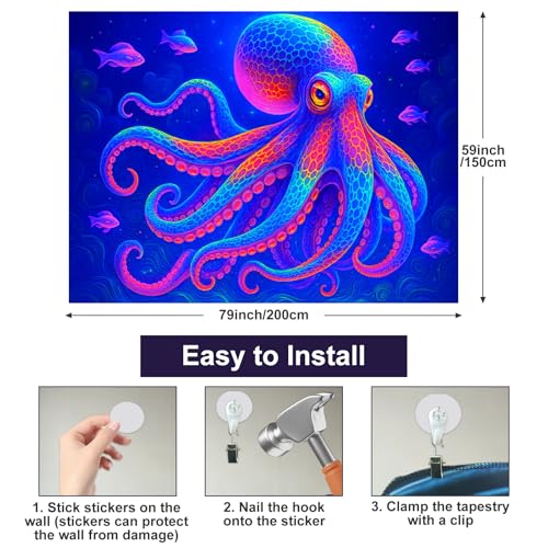 Image of BlissYard Neon Octopus Black Light Tapestry UV Reactive Psychedelic Ocean Deep Sea Wall Hanging for Living Room Bedroom Dorm Room Bar Party Decor 78x59 Inch