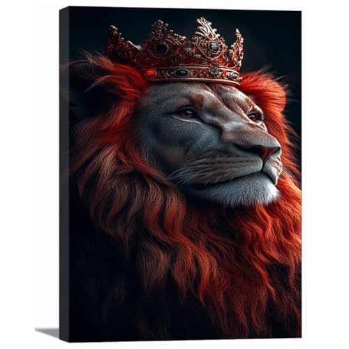 Tableau moderne lion rouge 30x45 cm encadré, idéal comme décoration de salon