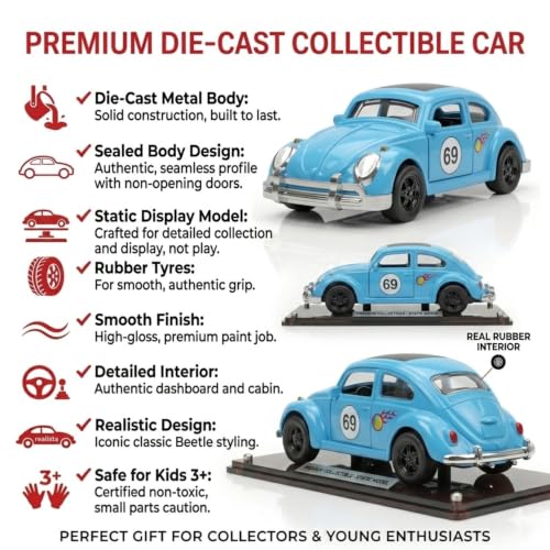 Image of Premium 1:64 Scale Die Cast Metal Toy Car Mini Collectible Vehicle with Free Rolling Wheels Realistic Metal Body Display Model for Kids Boys Girls Blue Color