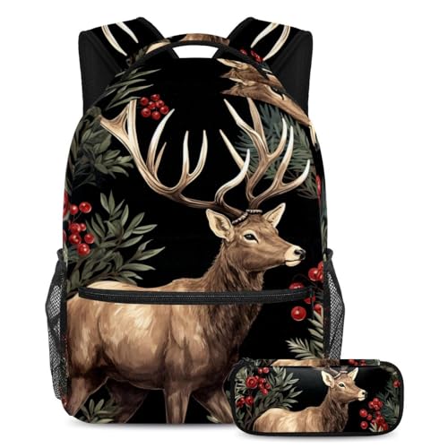 Zaino natalizio con alce e astuccio set di 2 zaini per la scuola per ragazzi ragazze adolescenti borsa per libri da viaggio per studenti Multicolore04 B:29.4x20x40cm P:19x7.5x3.8cm Zaini