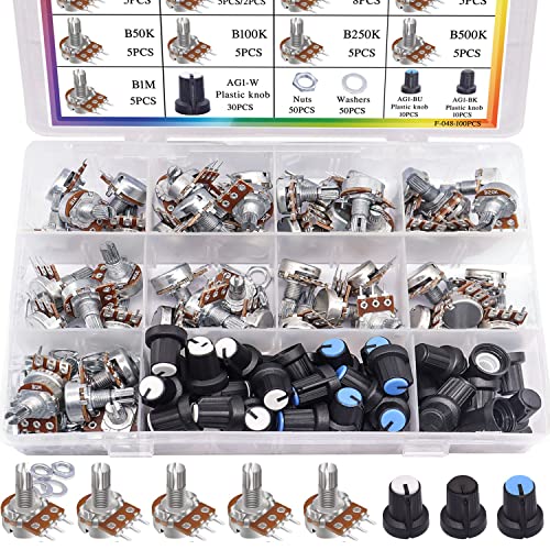 Taiss 200PCS Potentiometer Kit with Rotary knobs,WH148 B1K 5K 10K 20K 50K 100K 250K 500K 1M ohm potentiometers Single Linear Taper Rotary Audio B Type Potentiometer Assortment and Nuts, Washers