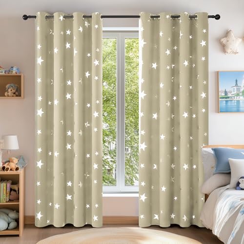 Deconovo Lot de 2 Rideaux Salon Occultants Rideaux Isolant Thermique Anti Froid Motif Etoile Argenté pour Chambre Fille à oeillet 140x260cm Beige Fonce