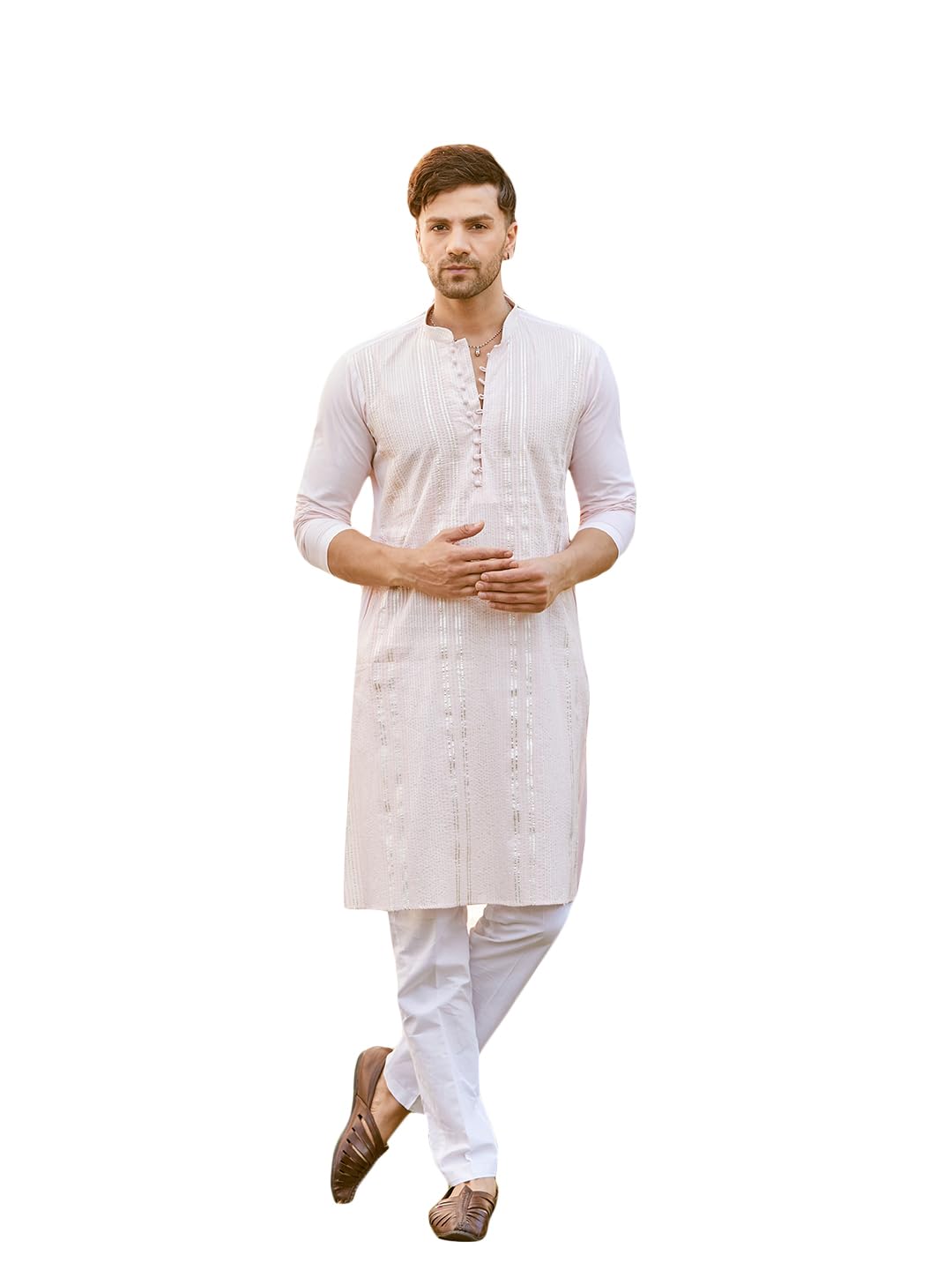 See Designs Men Full Sleeve Pink Cotton Pintex Design Sequins Mandarin Collar Side Slit Kurta - Sd2Kt_2460Xxl