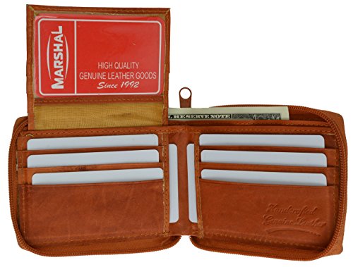 Marshal Genuine Leather Men's Zipper Zip-Around Organizer Bifold Wallet Black Brown Tan!