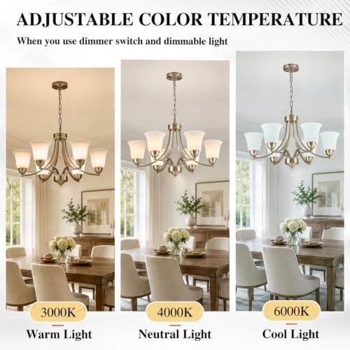 Image of 6 Lights Brushed Bronze Dining Room Light Fixture Farmhouse Modern Chandelier Pendant Light Champagne Bronze Adjustable Ceiling Hanging Lighting with Frosted Glass for Kitchen Island Living Room Foyer