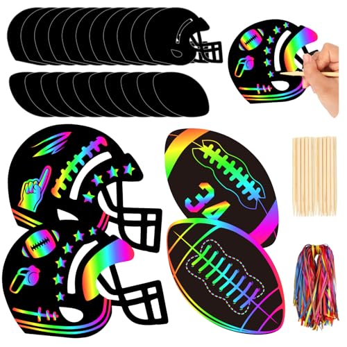 JarThenaAMCS 60 Pcs Football Scratch Paper Craft Kits Football Helmet Scratch Cards Ornaments with...