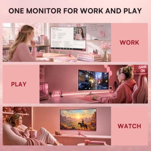 Image of Raywego 27 Inch Pink Curved Gaming Monitor for Desk Setup, 180Hz FHD 1080P Computer Monitor, 1500R Curved Display, FreeSync, HDR10, Home Office, Streaming & Content Creation