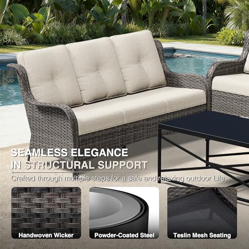 Image of Joyside 8 Piece Wicker Patio Furniture Set, Rattan Patio Chairs with High Back, Deep Seating, Wide Armrest, Thickened Cushions, Outdoor Furniture for Deck, Porch Use