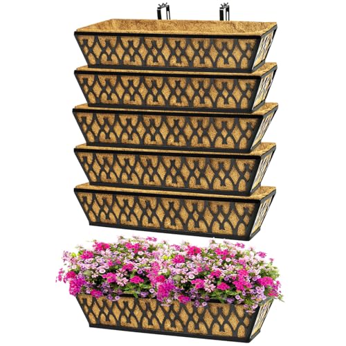 Karlliu 6 Pack 24 Inch Window Boxes Planters Railing Planter Box with Adjustable Brackets for Porch Fence Patio Balcony Hanging Flower Baskets with Coco Liners for Outdoor Garden Decor - Black