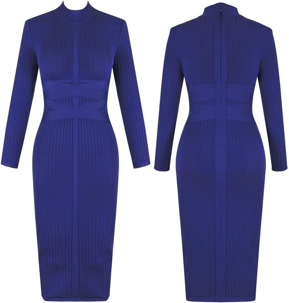UONBOX Women's Long Sleeves Cross Strap Ribbed Club Party Midi Bodycon Bandage Dress - Image 4