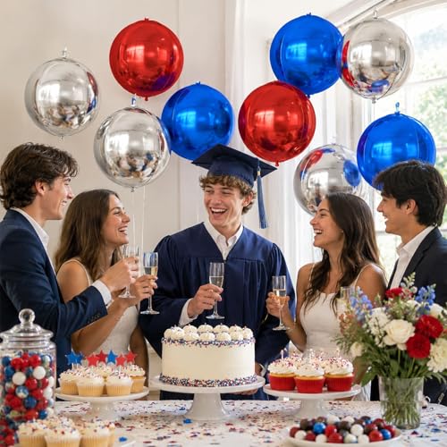 Image of 9 Pcs Red Blue Silver Round Foil Balloons,22 Inch Round Balloons | Red Blue Silver Giant 4D Round Ball Balloons For Patriotic Birthday Graduation Sports Party Decorations