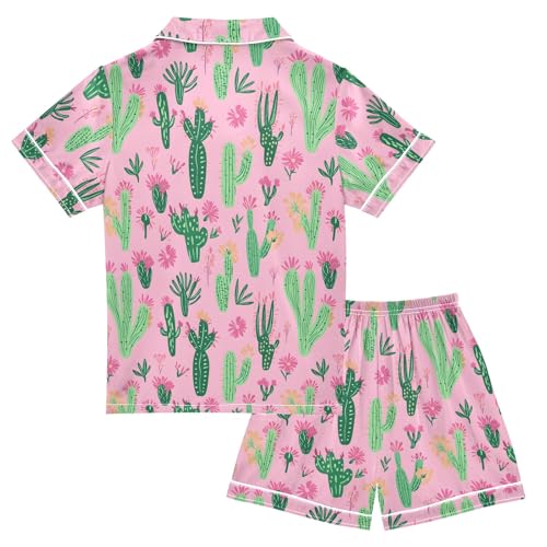 Cactu Pink Cartoon Patterns Summer Satin Pajama Set, Cute Button-Down Sleepwear Pj Set for Sleep Wears2
