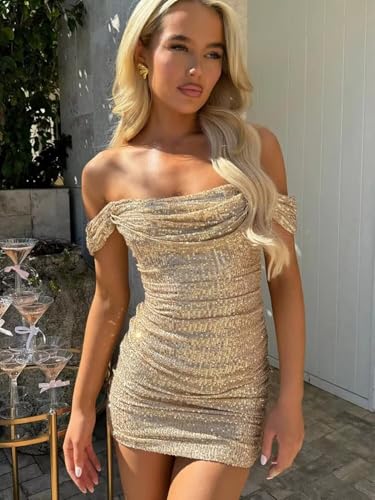 Sparkly Sequin Homecoming Dresses for Teens Short Off Shoulder Cow Neck Bodycon Cocktail Dress PU1913