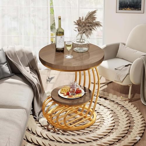 Image of MELVON End Table /Side Table with Walnut Engineered Wood Top & Golden Metal Frame, 2 Tier Storage for Living Room, Bedroom, Bedside & Balcony | Golden & Walnut