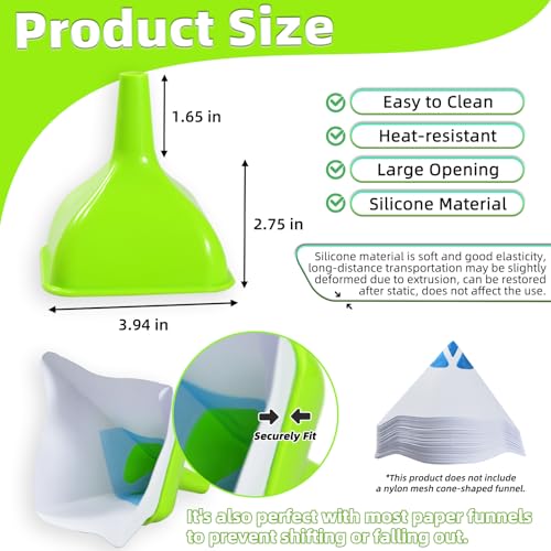 XIFOWE 2PCS Square Silicone Funnels, 3.94'' Large Opening Reusable Silicone Funnels Set, Space-Saving Flexible for Garage, Kitchen, Lab, Industrial Use, Tight Fit on Filter Paper Easy Clean