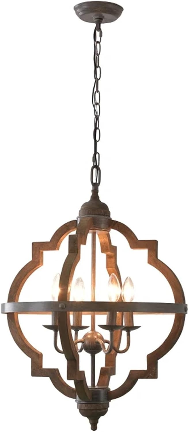 Retro Solid Wood Rust Metal Chandelier Vintage Farmhouse 4 Candle Lights Lighting Fixture for Home Kitchen Living Room Bedroom,luminaire