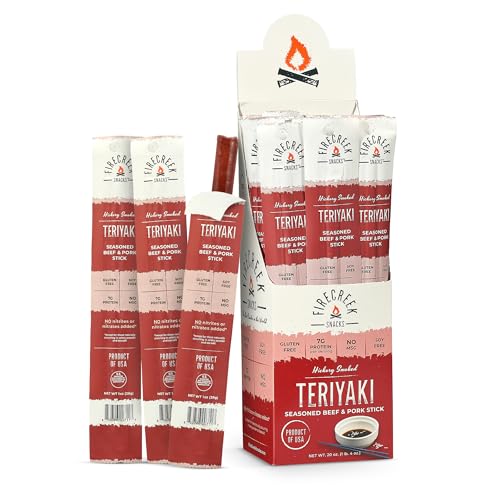Beef Sticks by FireCreek Snacks, Hickory Smoked Meat Sticks (Jerky Sticks), 20 Pack (1 oz), 7g Protein, 110 Calories, Gluten Free, Soy Free, No MSG (20, Teriyaki)