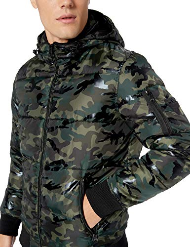 GUESS Men's Print Hooded Puffer Jacket, Olive Camo, Small