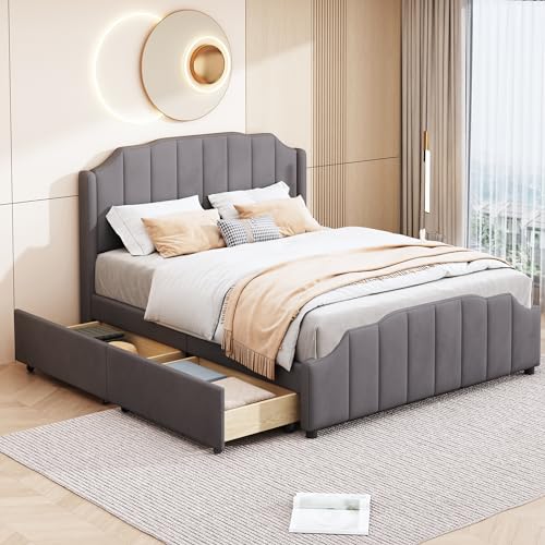 Pawom Cama tapizada de 140 x 200 cm con 2 cajones de almacenamiento, funda de terciopelo, cama doble con cabecero y somier, moderno marco de cama para dormitorio, cama de invitados en gris