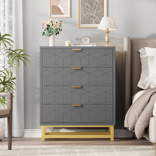 Grey Dresser, 4 Drawer Dresser for Bedroom, Modern Dressers with Gold Metal Handles for Living Room, Hallway, Entryway