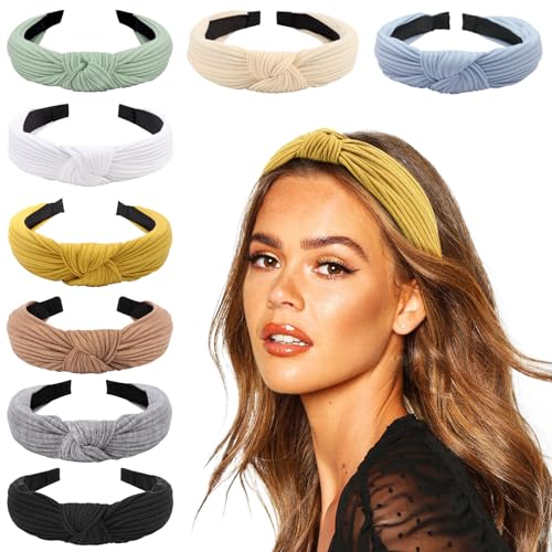 Image of DRESHOW 8 Pack Knotted Headbands for Women Wide Turban Headband Yoga Exercise Ribbing Hair Hoop Hair Bands Accessories