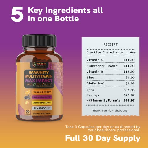 Honest Harvest Supplements Immune Support With Elderberry, Vitamin C, Vitamin D3, Zinc, Bioperine | Potent Defense - Booster | Antioxidant Enhanced Absorption | Immunity Multivitamin | 90 Count #TOP3