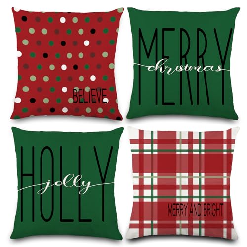 DULEFUN 4pcs Christmas Pillow Covers 18 x 18 Inch Red Green Plaid Dot Xmas Pillow Cushion Cases for Christmas Winter Holiday Decorations Throw Pillow Covers for Couch Sofa Home Farmhouse