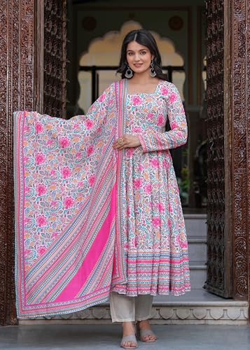 Image of Cotton Anarkali Shiffly Work with Floral Printed Anarkali Kurta Pant with Dupatta