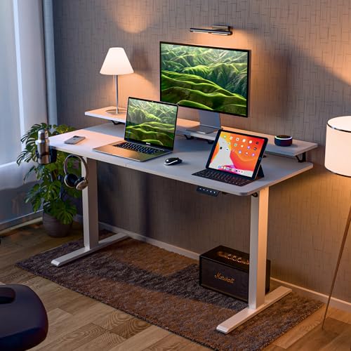 Image of Green Soul Elevate Height Adjustable Table with Monitor Riser | Integrated Organisation | Advance Memory Preset | 3 Year Warranty | Engineered Wood| Installation Provided (White, 1400 x 600 Top)