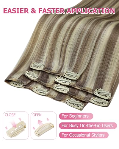 Image of YoungSee Human Hair Clip in Extensions Light Brown with Blonde Highlights Clip-in Hair Extensions, Short Straight Hair Extensions Clip ins for First-time Users 12 Inch 7Pcs 85G