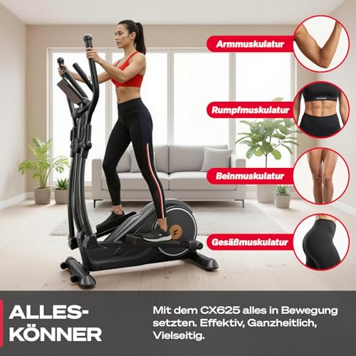 Sportstech Crosstrainer für Zuhause, extrem leise, mit 32 Widerstandsstufen, 15 kg Schwungrad, LCD-Display mit Tablethalterung, bis 120 kg, Bluetooth, App und Pulssensor, Transporträder, CX625 – Bild 3