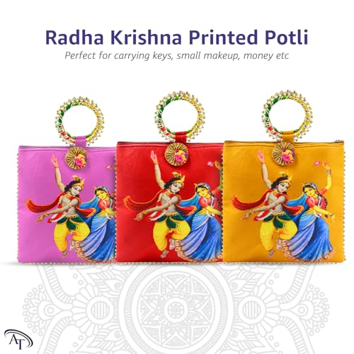 Image of Women Potli Bags Pack of 24 | Gifting Potli with Zip & Bangle Handle | Traditional Shagun Return Gifts Potli for Mehandi, Haldi, Baby Shower, Wedding, Sangeet (Radha Krishna)