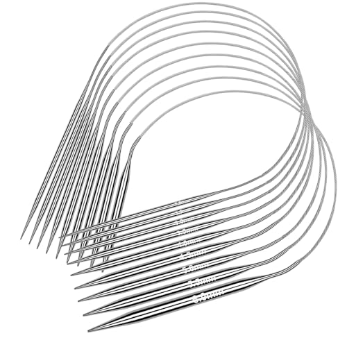 Coopay Lot de 9 aiguilles à tricoter circulaires - 60 cm - En acier inoxydable - Taille claire - 2,0 à 6,0 mm - Pour débutants, pratiques pour pulls, grands...