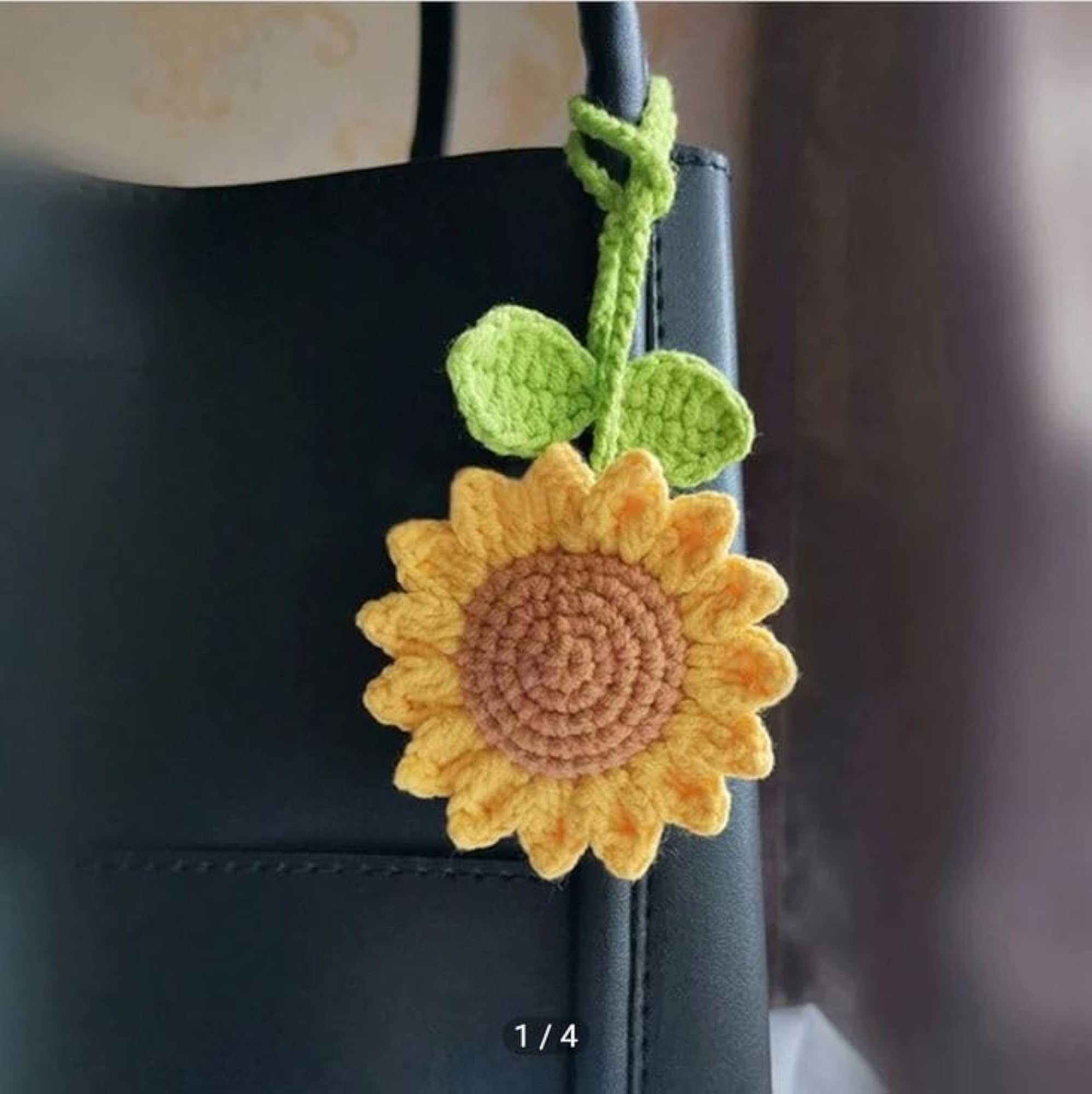 Crochet Sunflower Bag Charm with Leather Strap