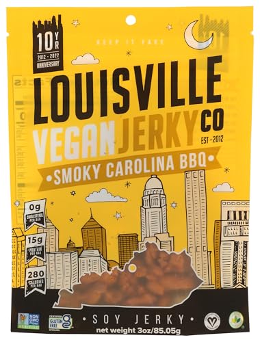 Louisville Vegan Jerky - Sweet & Smoky Carolina Mustard BBQ Vegan Meat - Lip-Smacking Vegan-Friendly & Vegetarian Jerky - Non-GMO Soy Protein, Gluten-Free High Protein Vegan Snacks (3oz)