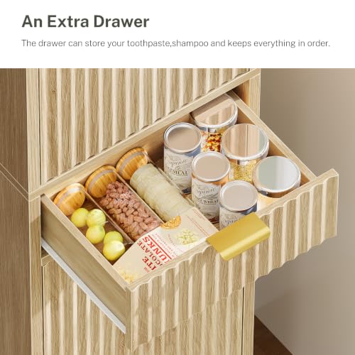 Image of TEENFON 66.9″ Storage Cabinet with 1 Drawer and 2 Doors, Tall Bathroom Storage Cabinet with Adjustable Shelves, Rattan Fluted Cabinet for Bathroom, Living Room, Kitchen, Natural Oak