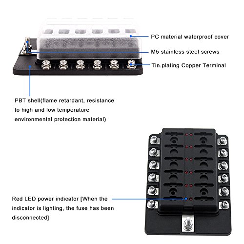 Yorten Blocos de fusíveis de suporte de caixa de fusíveis de 12 vias com LED vermelho Indicador 10 u