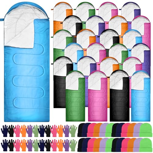Preboun 72 Pcs Bulk Sleeping Bags Set for Adults Homeless 24 Sleep Bag 24 Beanies 24 Gloves 4 Season Cold Warm Weather Sleeping Bags Waterproof Lightweight for Outdoor Hiking Travel(Vivid Color)