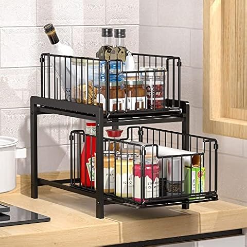 YGORTECH Under Sink Organizers and Storage,Under Sink Organizer, 2-Tier Bathroom Organizer Under Sink Cabinet Storage for Bathroom Kitchen Spice Makeup Cosmetics Vanity Narrow Space Cover