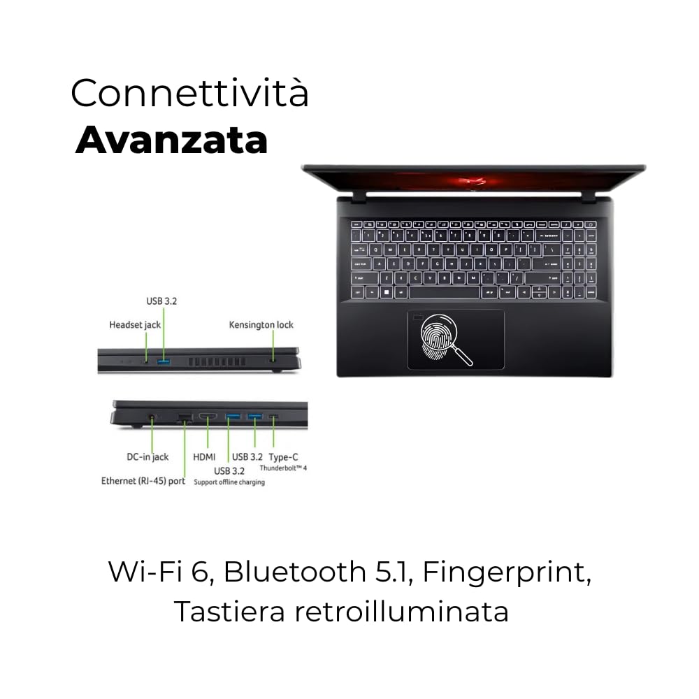 Acer Nitro V15 Pc Gaming, Notebook Gaming Cpu Intel Core 7 240H, 32GB RAM DDR5, SSD 1TB, Display 15,6" FHD IPS 165 Hz, NVIDIA GeForce RTX 3050 (6 GB GDDR6), Tastiera Retroilluminata, Pc Portatile