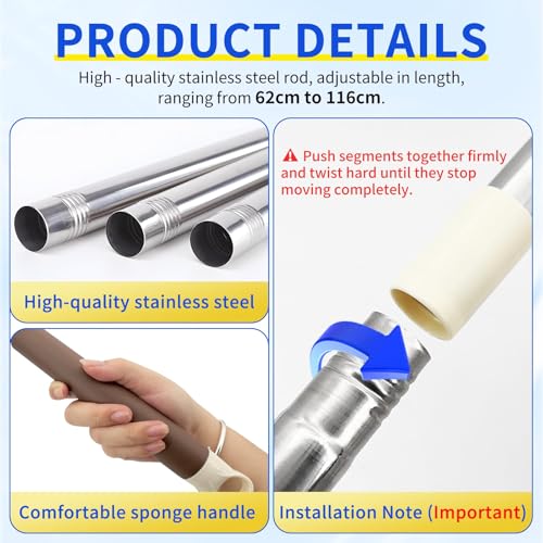 Fenstergriff Verlängerung mit Stockhaken für Dachfenster - Fensteröffner mit Dachhaken, 110cm Edelstahl Fensterstange, Stange mit Haken für Dachfenster Rollos und Window Blinds, für VELUX Dachfenster