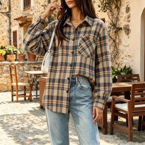 Khaki Plaid Shirts for Women Button Down Fashion Jacket with Chest Pocket - image 5